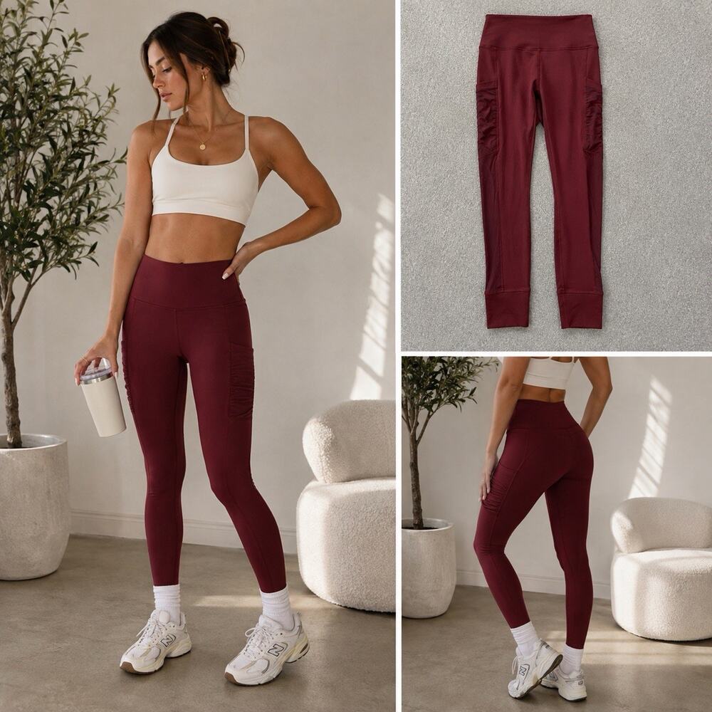 Fabletics Womens Burgundy Ruched Pocket High Rise Leggings Pilates Athleisure XS